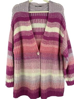 Olsen Cora Alpaca Wool Blend Chunky Striped Cardigan Sweater XL/16 Pink Magenta